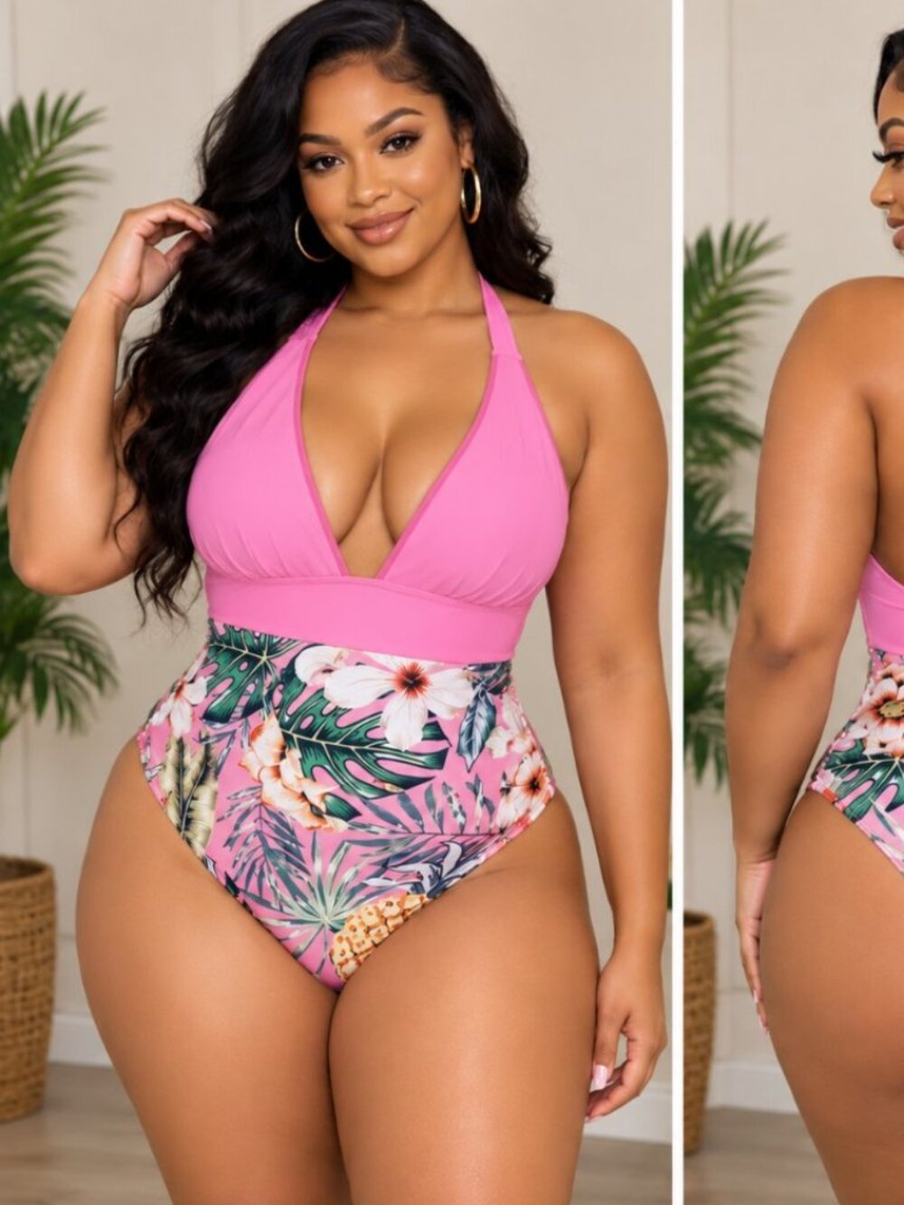 Pink Tropical Floral Halter resort wear One-Piece Swimsuit  Brown, Black size Xl